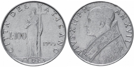 Ватикан 100 лир, 1955 - 1958 Папа Пий XII XF