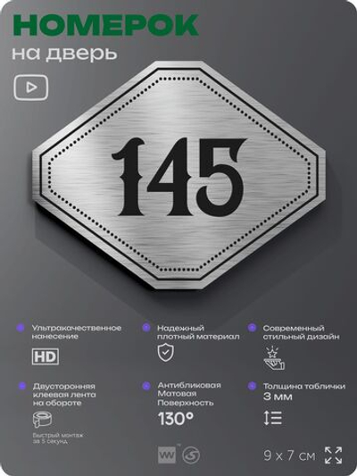 Номерок на дверь квартиры 145, для кабинета, офиса, шильдик 9 х 7 см, серебристый, Айдентика Технолоджи
