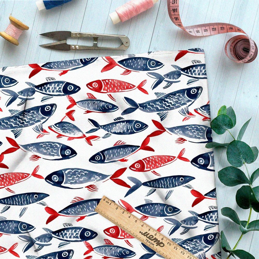 Ткань премиум интерлок минималистичные рыбы