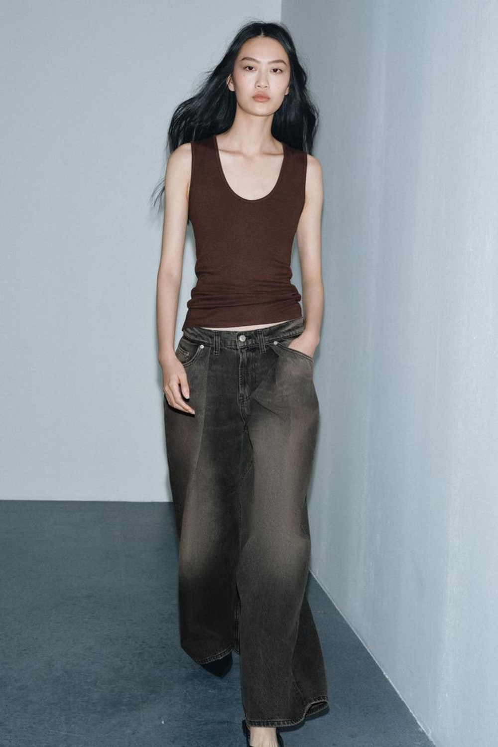 ZARA ФУТБОЛКА БЕЗ РУКАВОВ, КОРИЧНЕВЫЙ МЕЛАНЖ