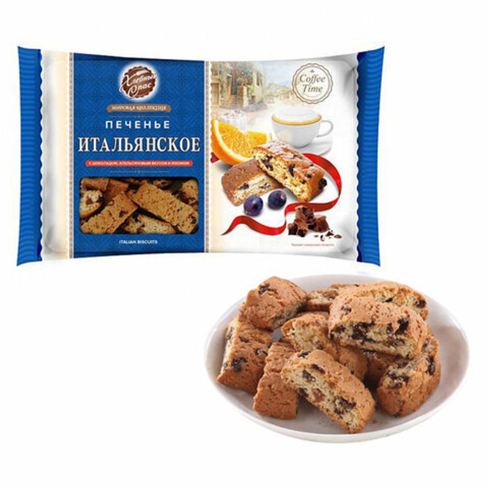Печенье ХЛЕБНЫЙ СПАС "Итальянское" с шоколадом, апельсиновым вкусом и изюмом, 320 г, пакет, 00-2226521