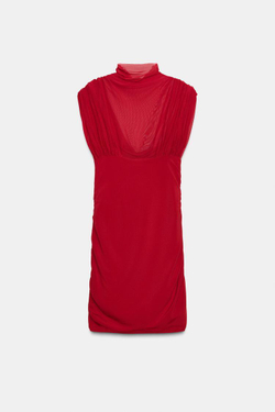 ZARA КОРОТКОЕ КОМБИНИРОВАННОЕ ПЛАТЬЕ ИЗ СЕТЧАТОЙ ТКАНИ, ЯРКО-КРАСНЫЙ