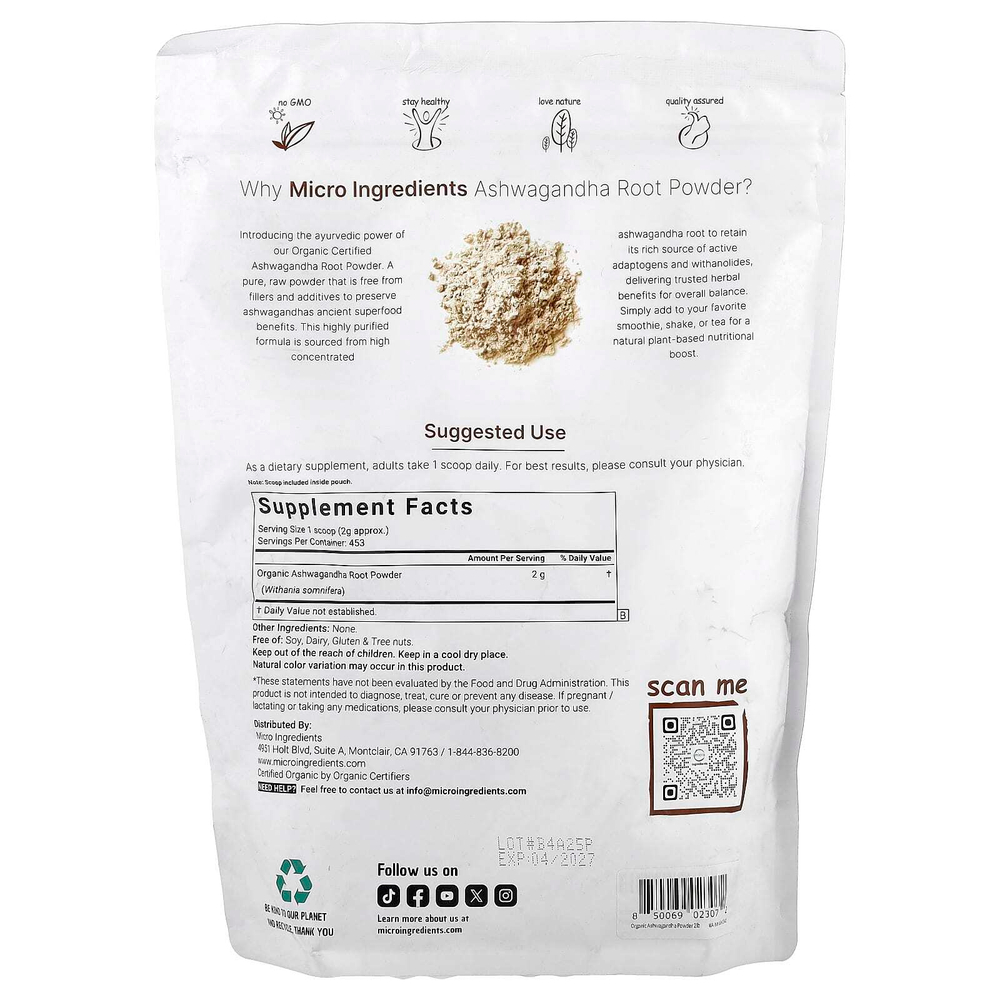 Micro Ingredients, Органический порошок из корня ашваганды, 907 г (2 фунта)