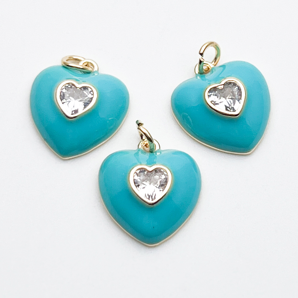 Подвеска Сердце, цвет золото+мятный, фианит, размер 13*12 мм, цена за 1 шт
