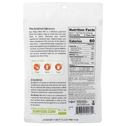 Sunfood, Superfoods, смесь для приготовления блюд с органическим асаи и аристотелией, 170 г (6 унций)