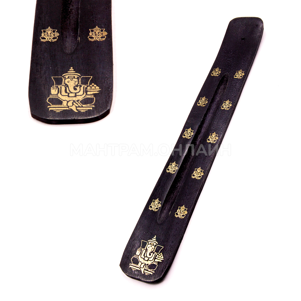 Подставка под благовония Лыжа Ганеш однополосная, дерево цвет черный, рисунок золотистый