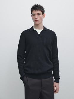 Massimo Dutti Трикотажный свитер из смесового хлопка с воротником-поло, темно-синий