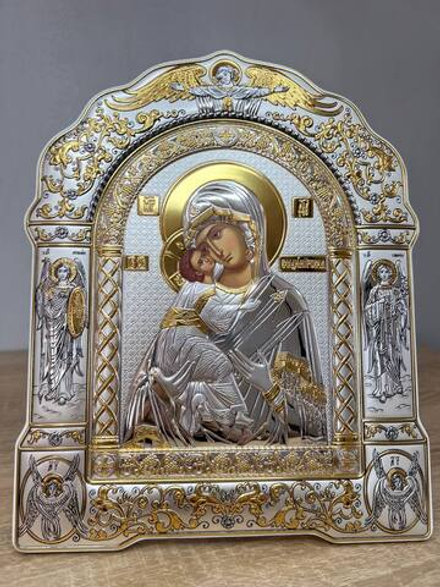 Владимирская БМ, икона арочная с рамкой, белое дерево 266х335