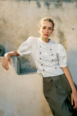 ZARA РУБАШКА С КОРОТКИМИ ОБЪЕМНЫМИ РУКАВАМИ, ЖЕЛТОВАТО-БЕЛЫЙ