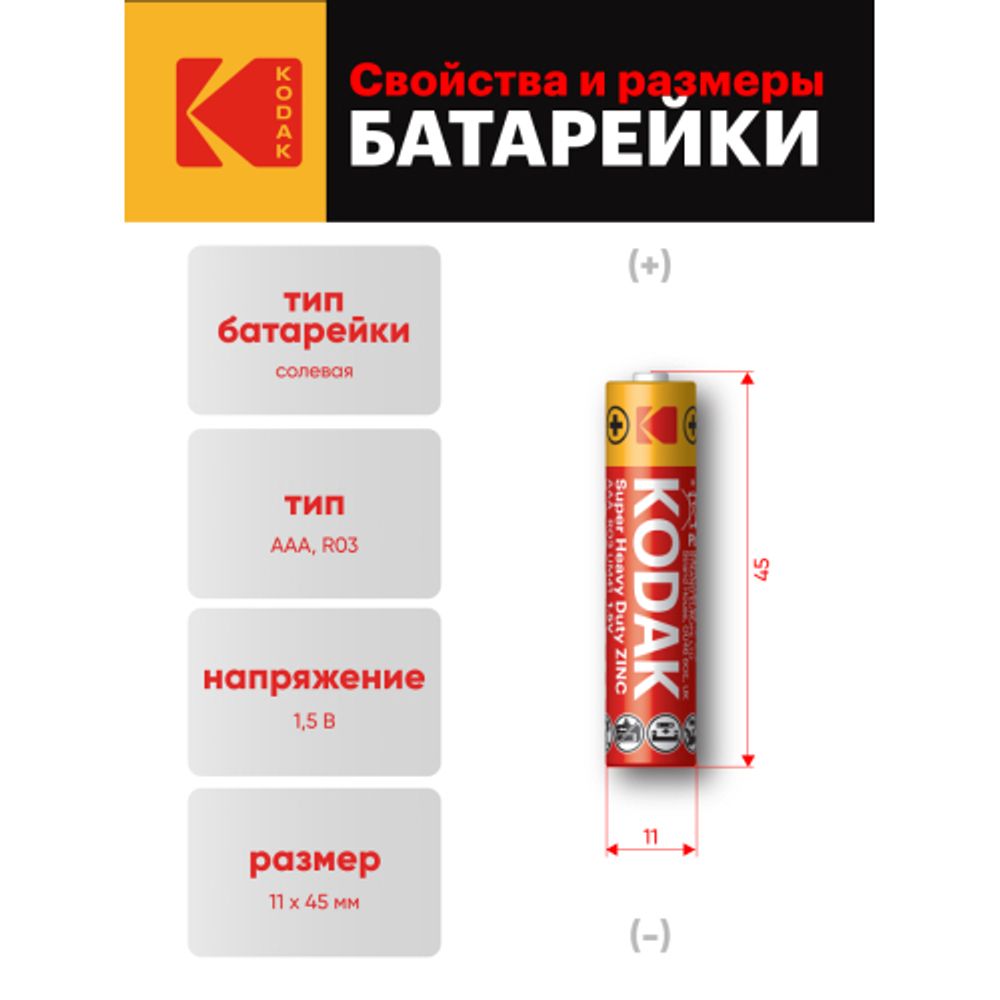 Батарейки Kodak R03-10+1BL SUPER HEAVY DUTY Zinc [K3AHZ-10+1] | Батарейки Солевые