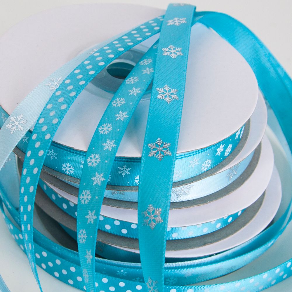 Лента атласная (1 см*22,85 м) Горошек, Голубой, 1 шт.