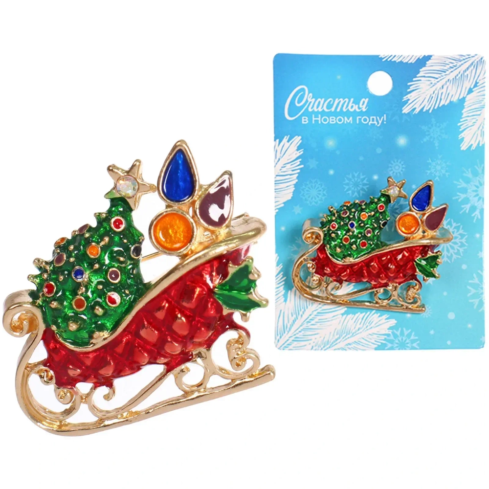 Брошь новогодняя «Best Podarok - Сани с ёлкой», см