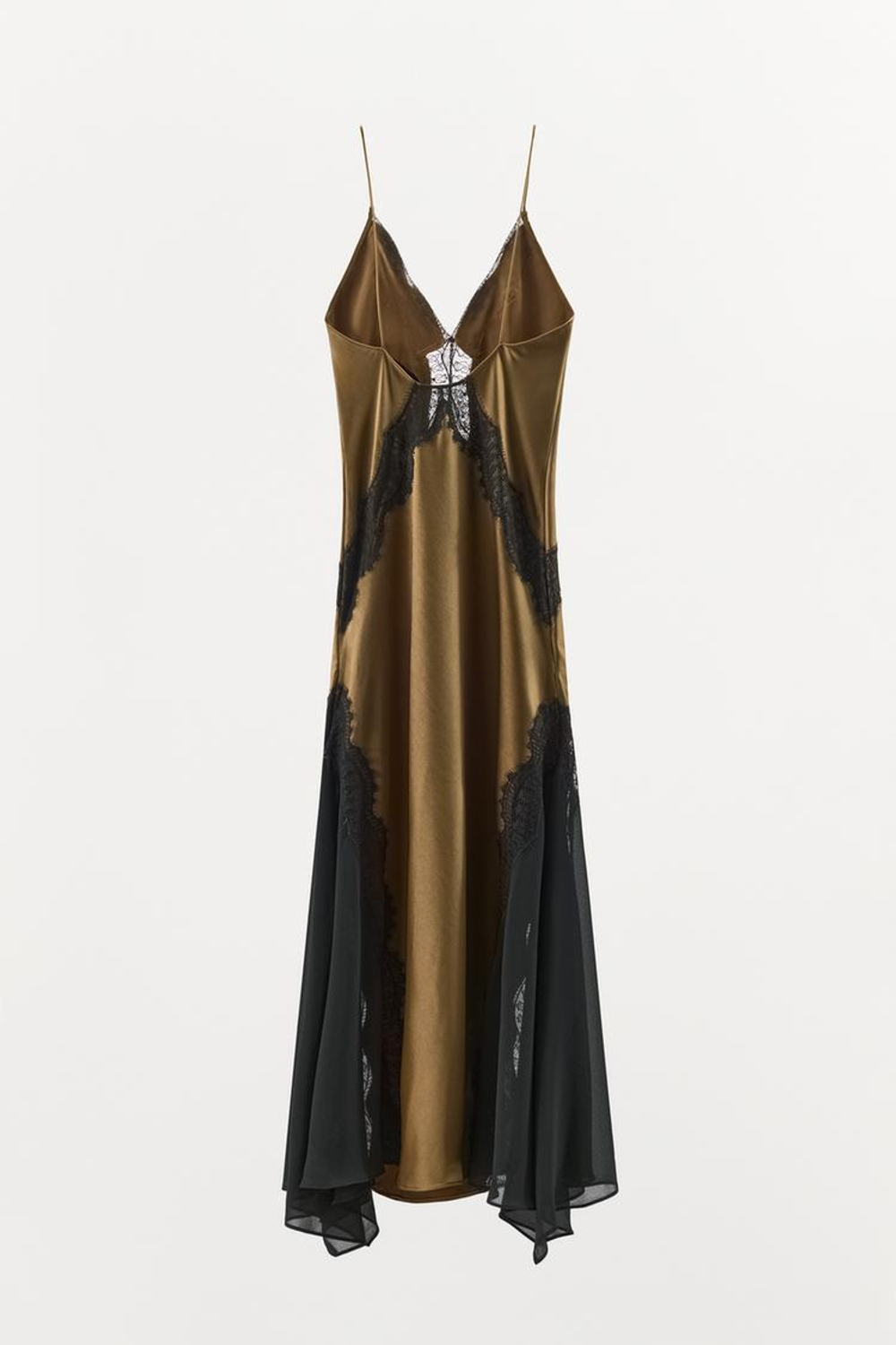 ZARA КОМБИНИРОВАННОЕ АТЛАСНОЕ ПЛАТЬЕ С КРУЖЕВОМ, РЫЖЕВАТО-КОРИЧНЕВЫЙ