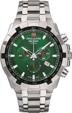 С браслетом Мужские наручные часы с серебряным браслетом Swiss Alpine Military 7043.9134 Saphirglas Chrono 47mm 10ATM