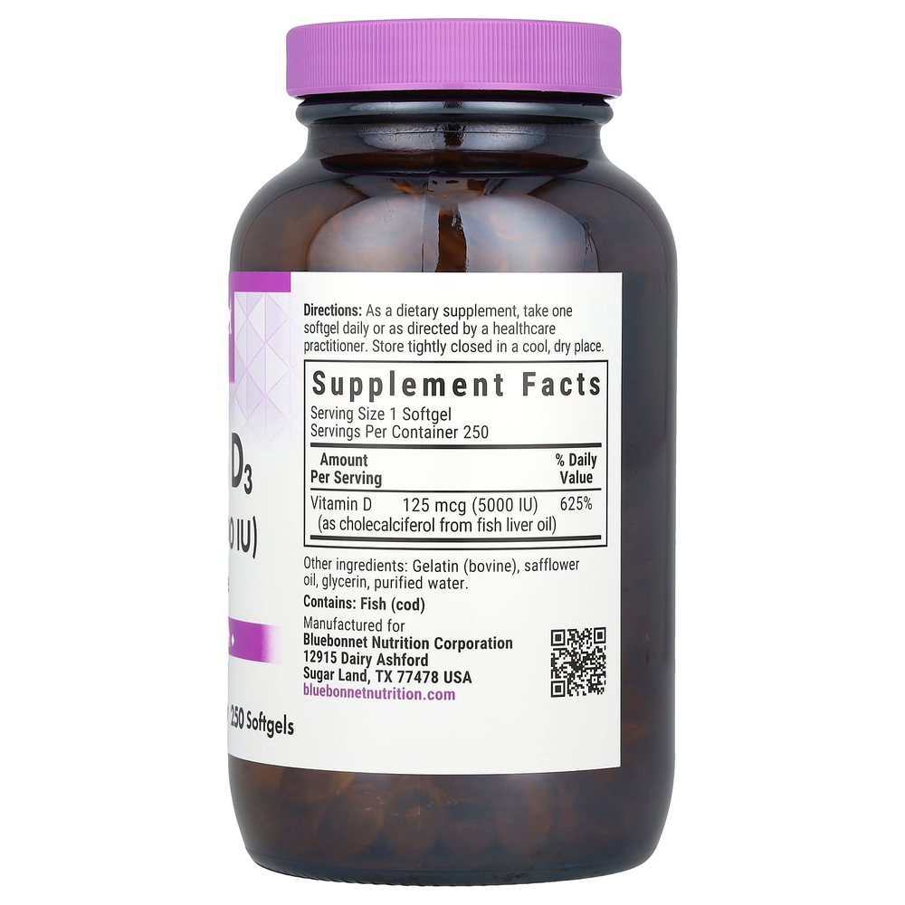Bluebonnet Nutrition, витамин D3, 125 мкг (5000 МЕ), 250 капсул