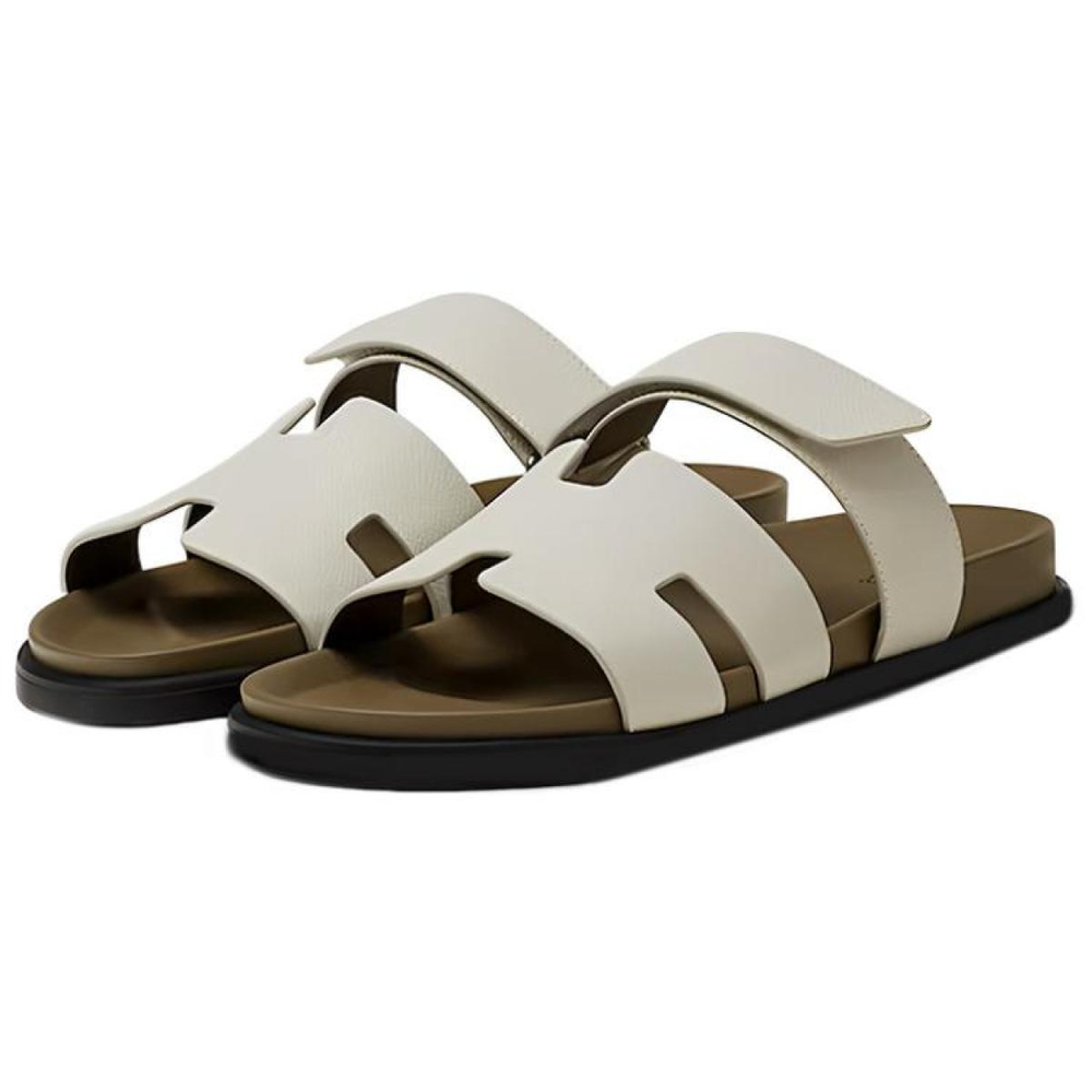 Hermes leather flat-bottomed fashion sandals men's white, H222857Z HBT
