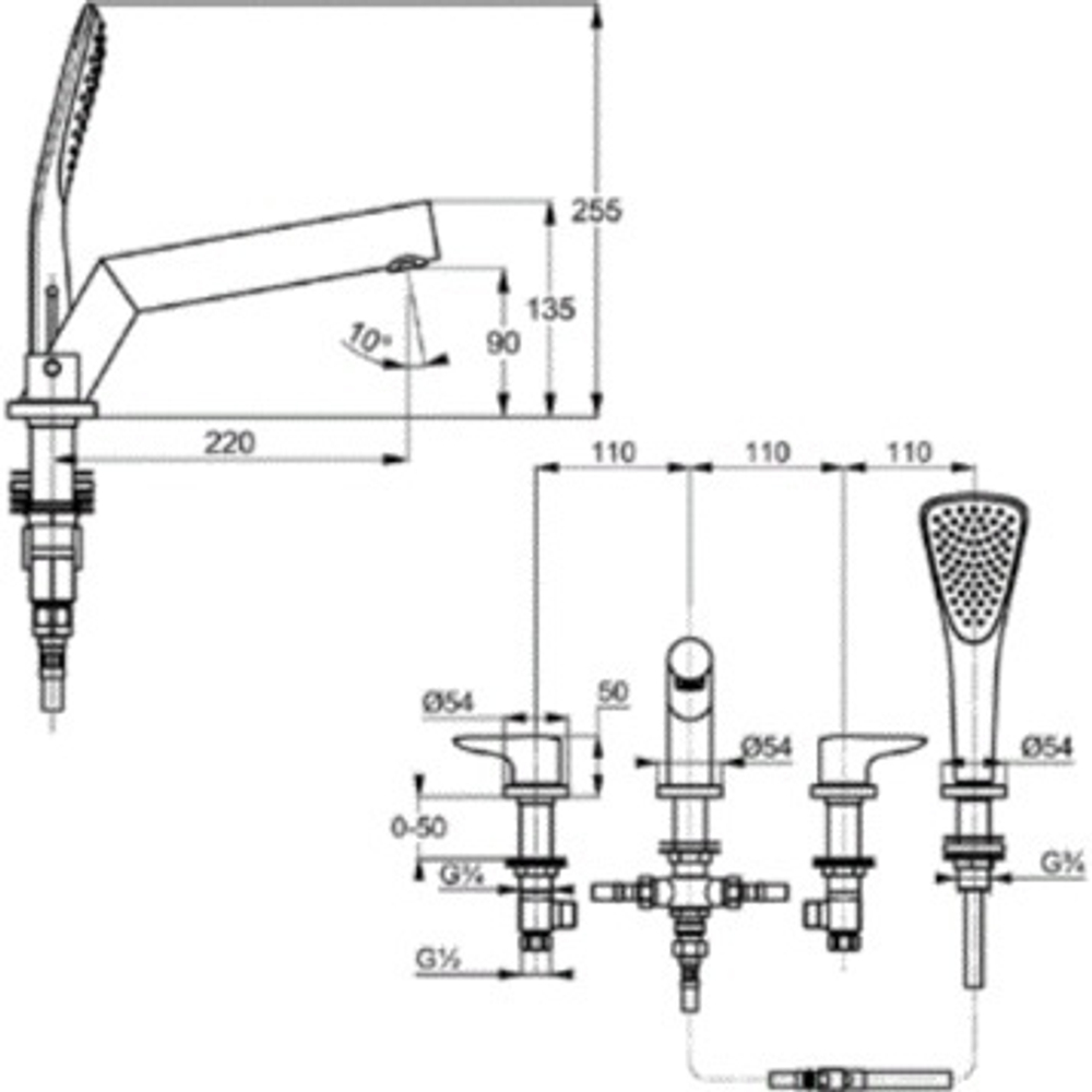 Смеситель для ванны и душа KLUDI Objekta на 4 отверстия, хром (324250575)