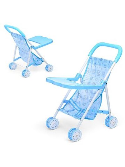 Коляска кукольная, складная, голубая, с принтом (CS6819BL)