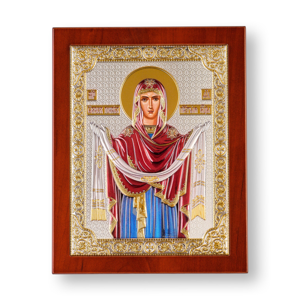 Покрова, икона прямоугольная с рамкой, красное дерево, эмаль 185х235