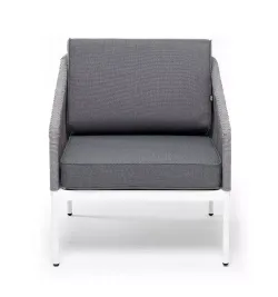 "Канны" кресло плетеное из роупа, каркас алюминий белый муар, роуп светло-серый круглый, ткань серая 017