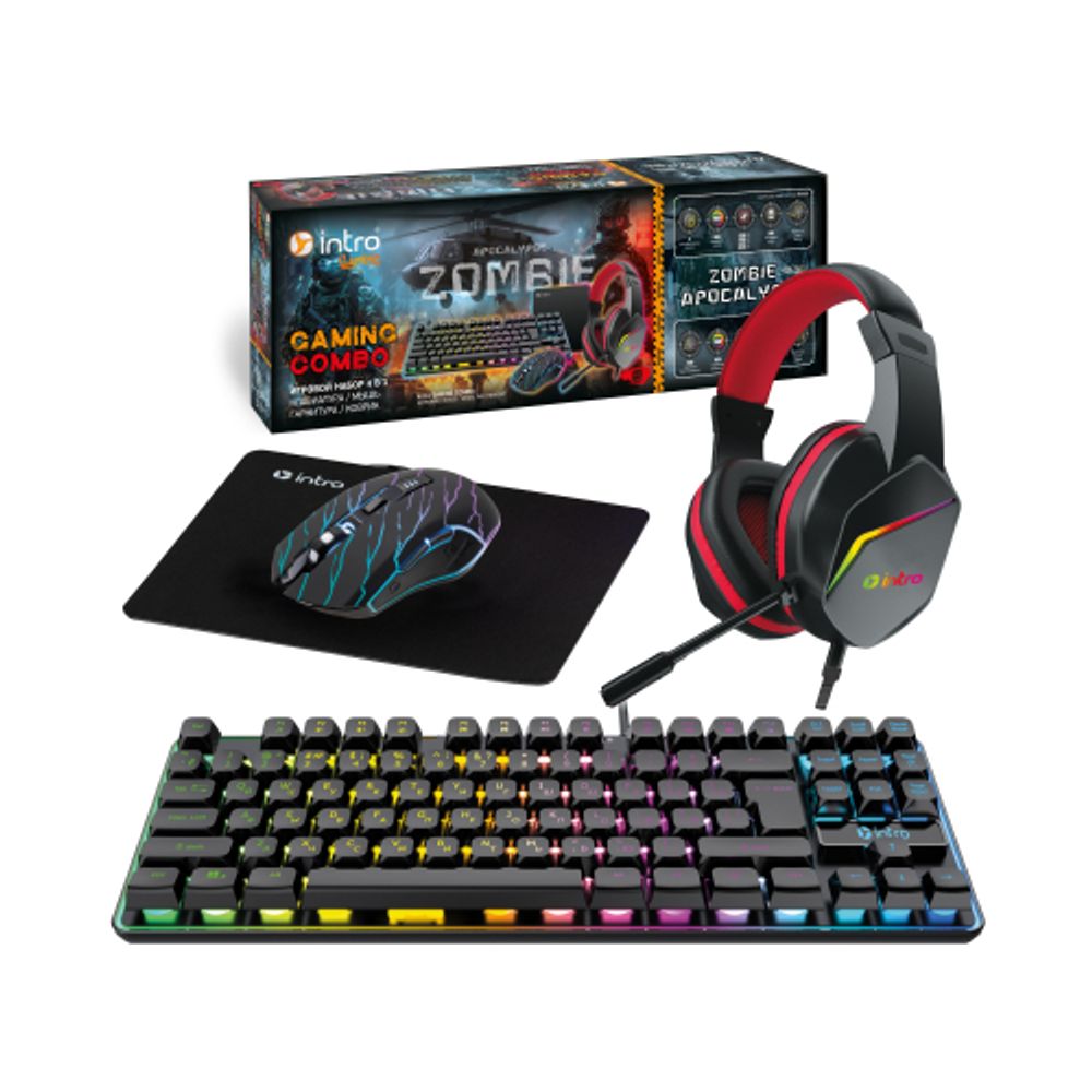 Клавиатура и мышь комплект Intro GXZ880 проводной игровой +гарнитура + коврик цвет черный | Intro