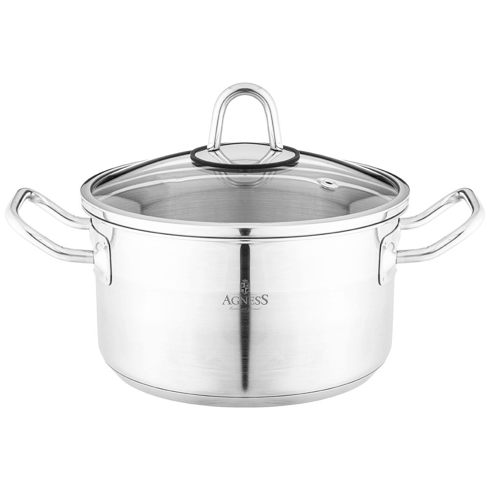 КАСТРЮЛЯ AGNESS 18X10 СМ 2,3 Л ВЫСОКОКАЧЕСТВЕННАЯ НЕРЖ СТАЛЬ 18/10 СО СТЕКЛ.КРЫШКОЙ