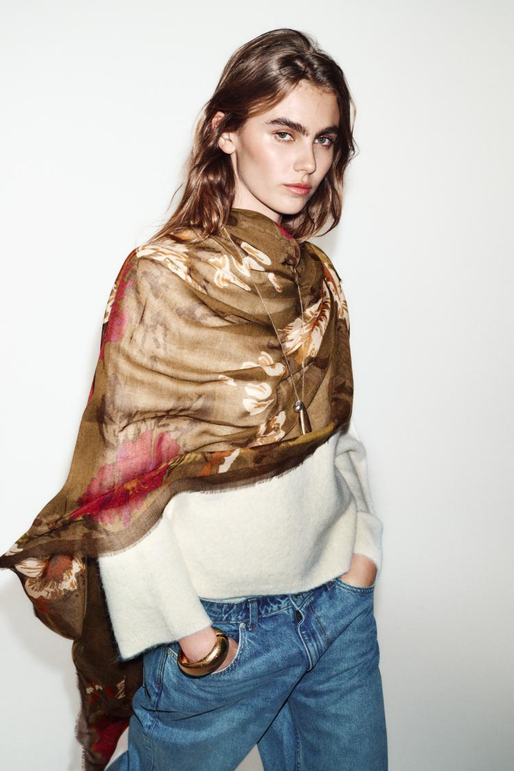 ZARA ПЛАТОК С ЦВЕТОЧНЫМ ПРИНТОМ, ХАКИ