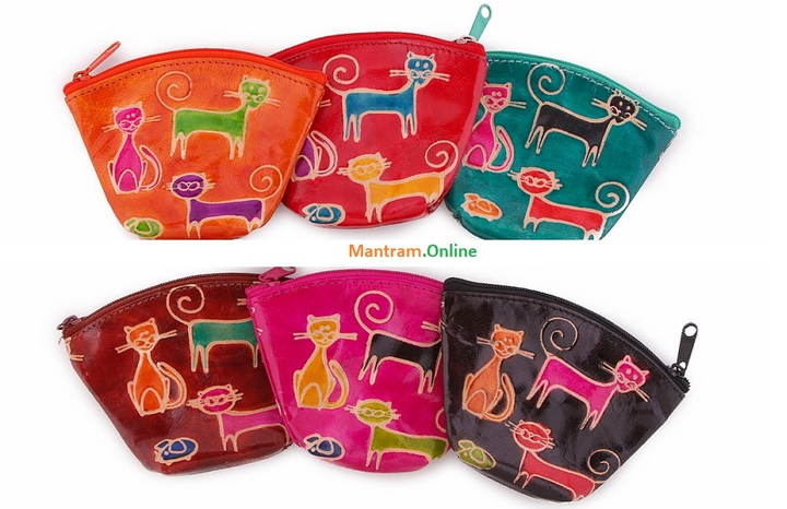 Кошелек под мелочь "Три кота и Мышка" цвет коричневый, натуральная кожа, ручной принт 13,5x8,5x1 см.