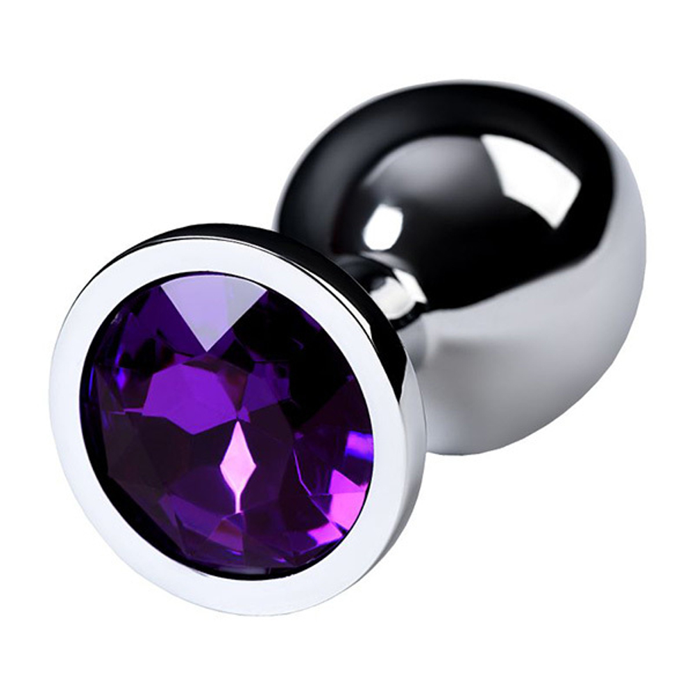 Серебристая коническая анальная пробка 8см с фиолетовым кристаллом ToyFa Metal 717002-4