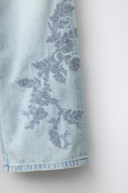 ZARA ДЖИНСЫ WIDE LEG С ВЫШИВКОЙ И СТРАЗАМИ, СИНИЙ