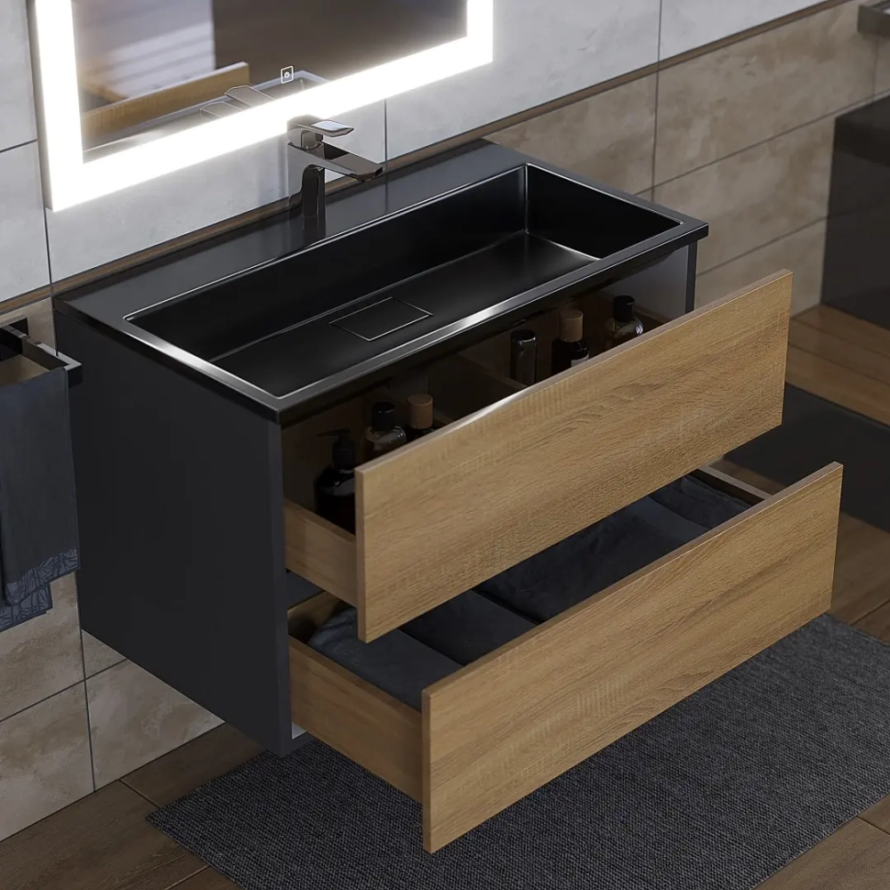 Тумба с раковиной Uperwood Barsa 80 см, раковина черная глянцевая, подвесная тумба черная/дуб сонома