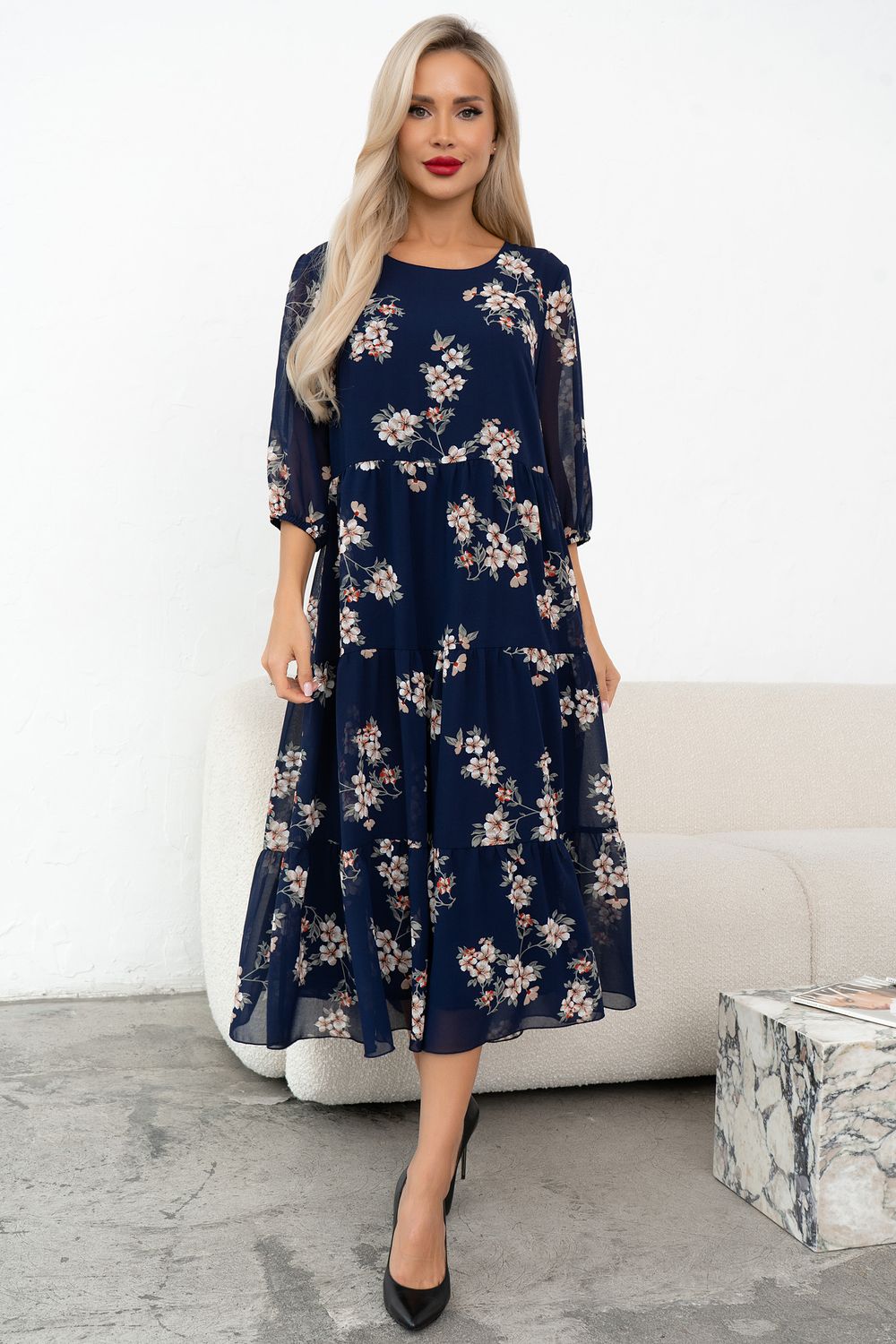 Платье Хелен (синий/цветы)-52р-р Р11-2075/7 Nikol