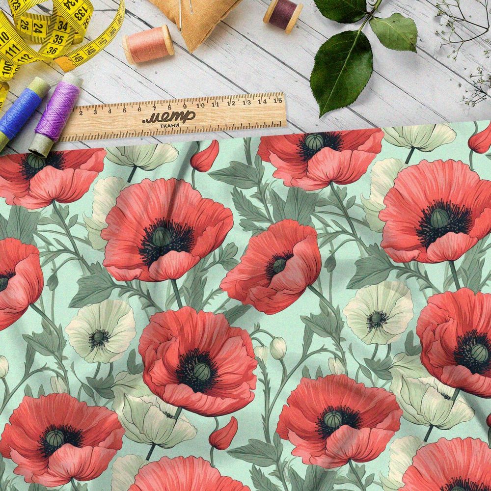 Ткань премиум дюспо крупные маки с белыми цветами