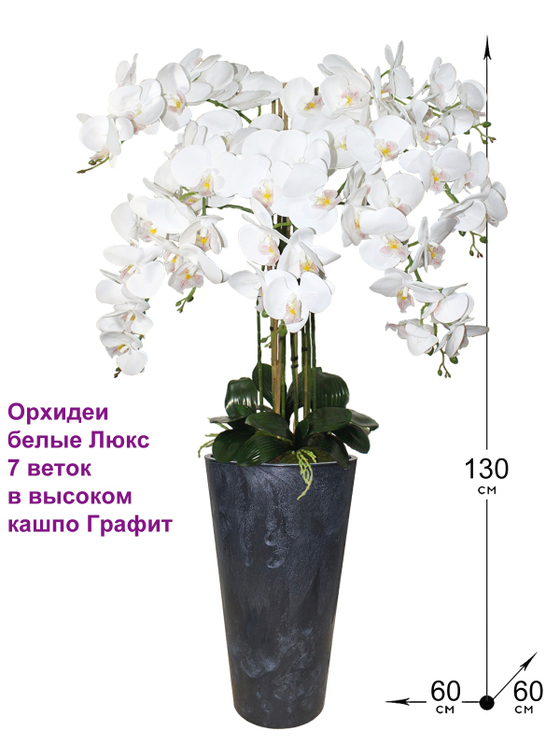 Искусственные орхидеи белые люкс 7 веток в кашпо Графит