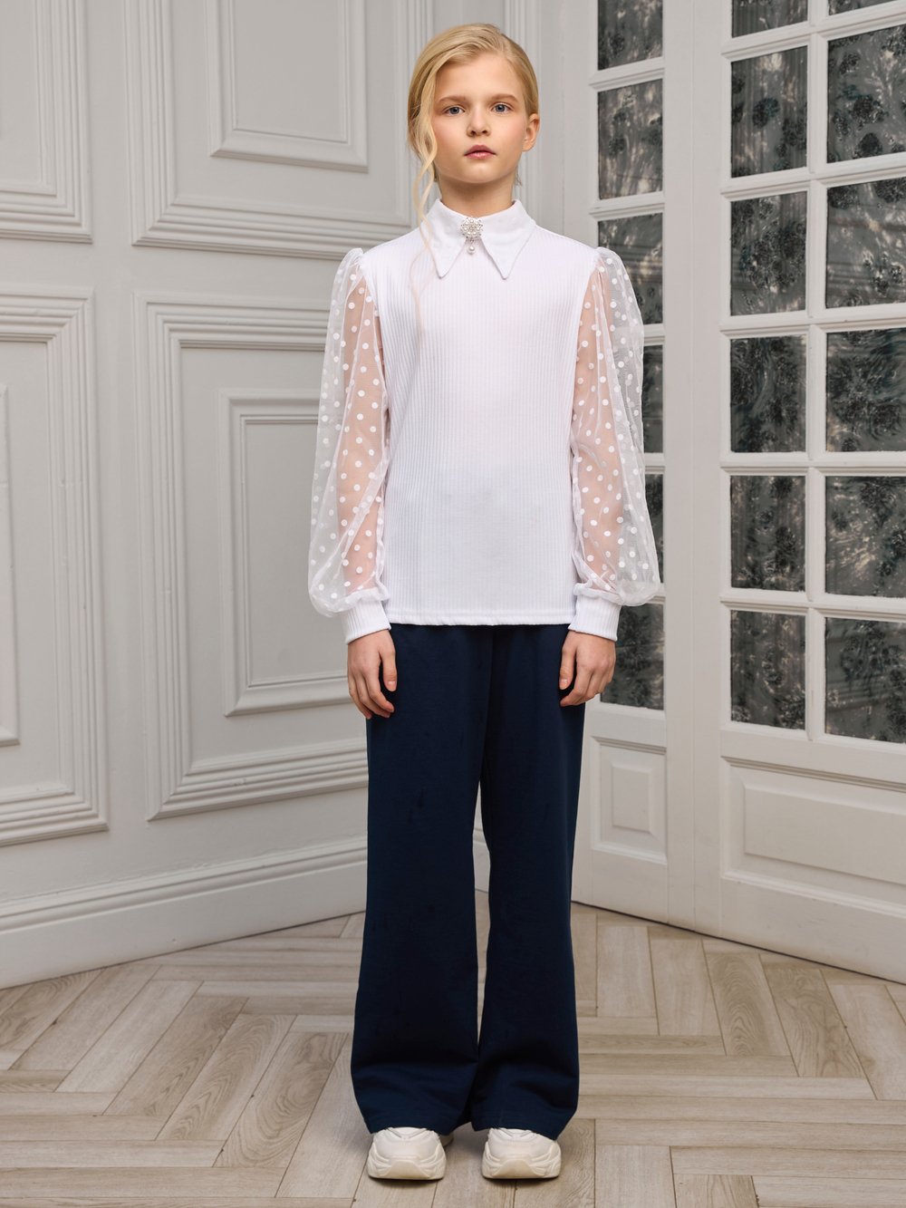 Блузка школьная для девочки с длинным рукавом белая