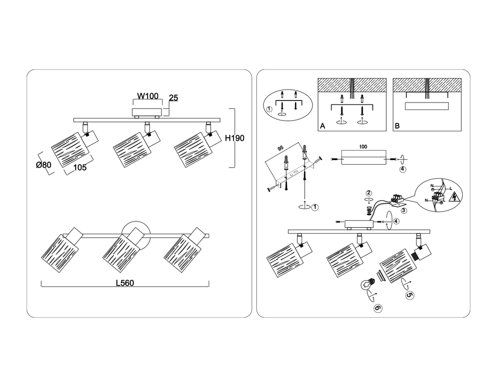 Светильник накладной TR8669/3 BK/SB чёрный/бронза E14/3 max 60W 560*100*190