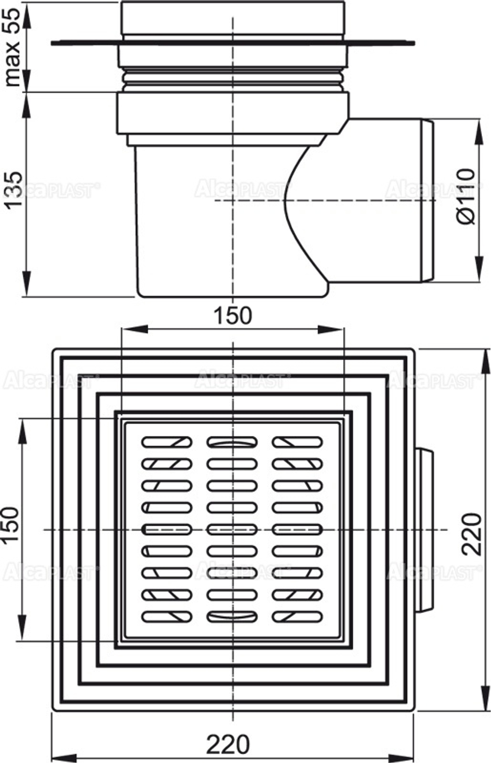 Сливной трап AlcaPlast APV12 150 x 150/110