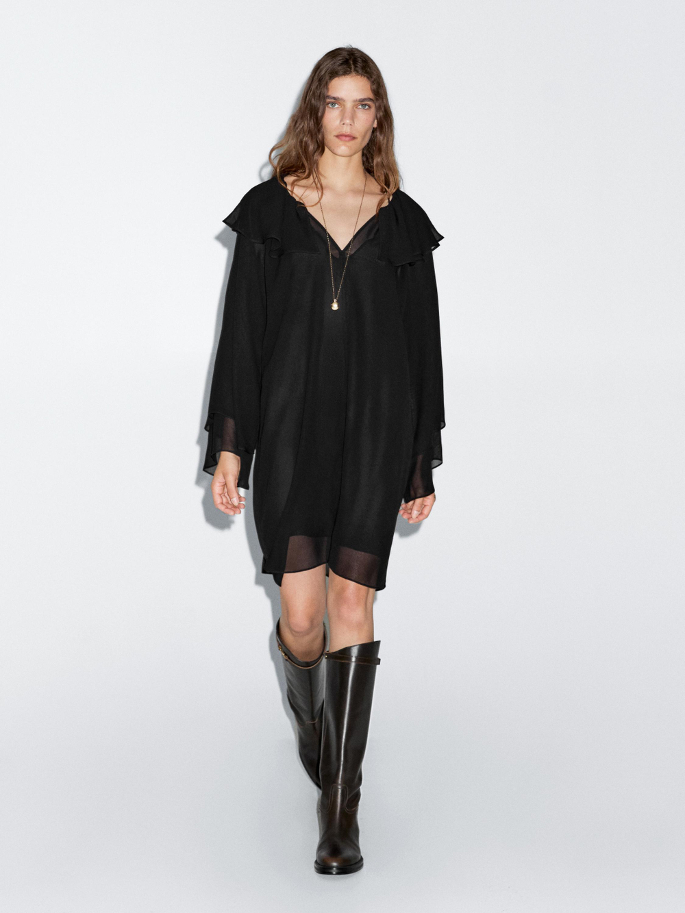 Massimo Dutti Короткое платье с оборками, черный