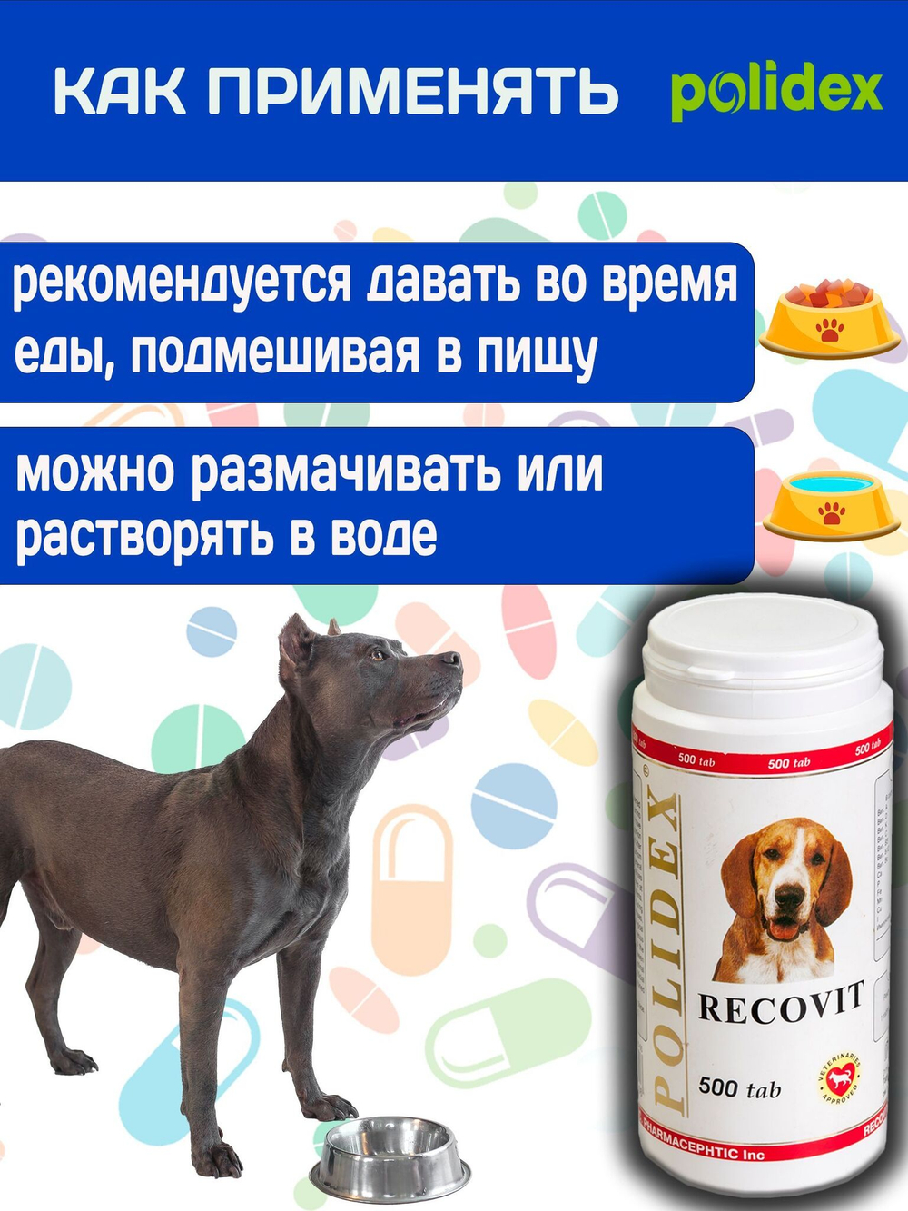 Polidex Recovit для собак, Кормовая добавка для восстановления организма после операций, травм, больших потерь крови, Полидекс Рековит, 150 таб