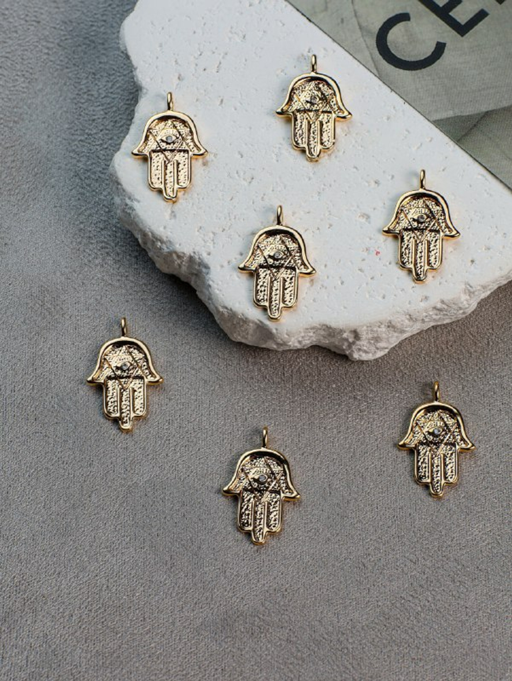 Подвеска "Хамса" позолота 14к+фианит, 22*15 мм