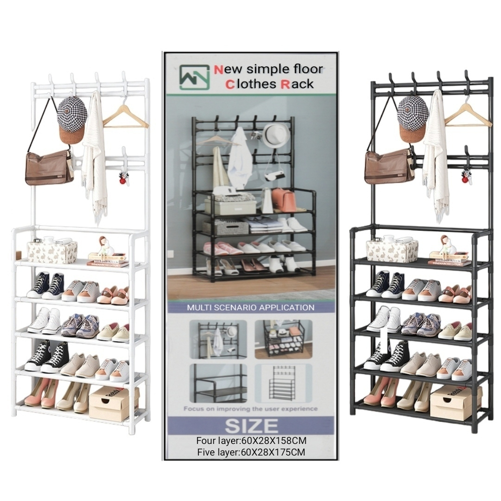 Напольная вешалка для обуви и одежды с полками и крючками 2в1 "New simple floor Clothes Rack" 4яруса- 60х28х158 / 5ярусов- 60х28х175см