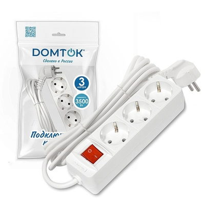 Удлинитель бытовой "DOMTOK" 3гн., ПВС 3*1, 3,5кВт, з/к, выкл. 3м