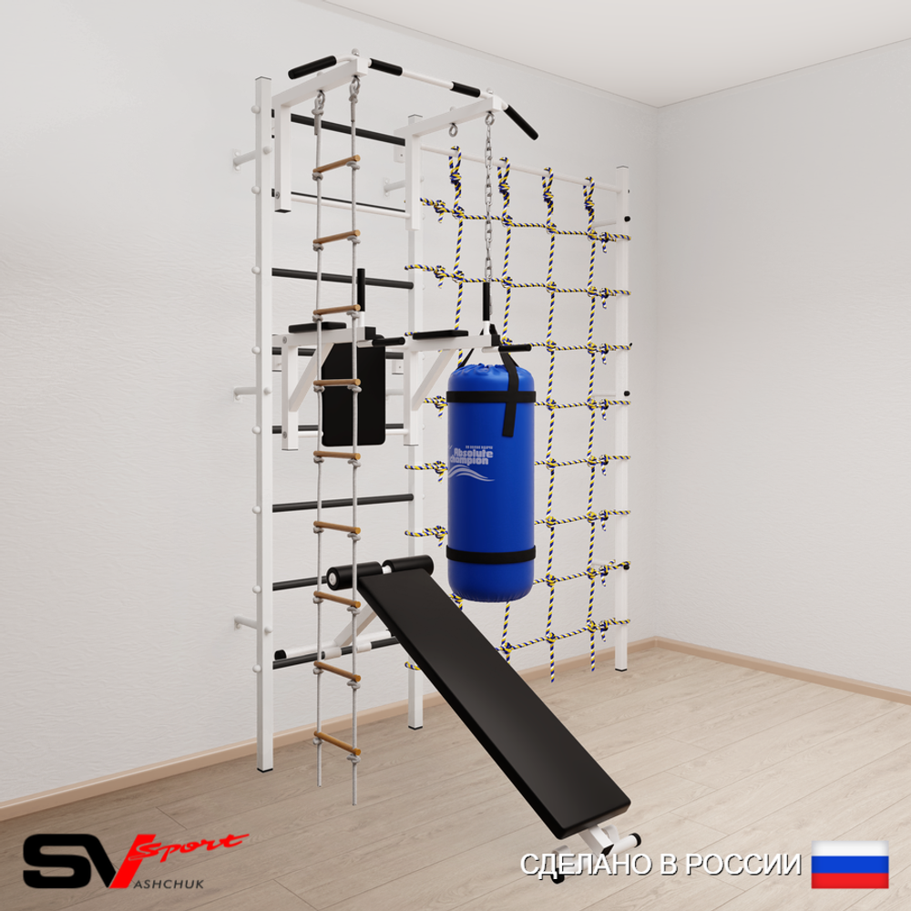 Шведская стенка Sv Sport 58210 (Турник стандарт/Брусья/Скамья/Лестница/Цепь/Мешок 15кг/Канатный лаз)