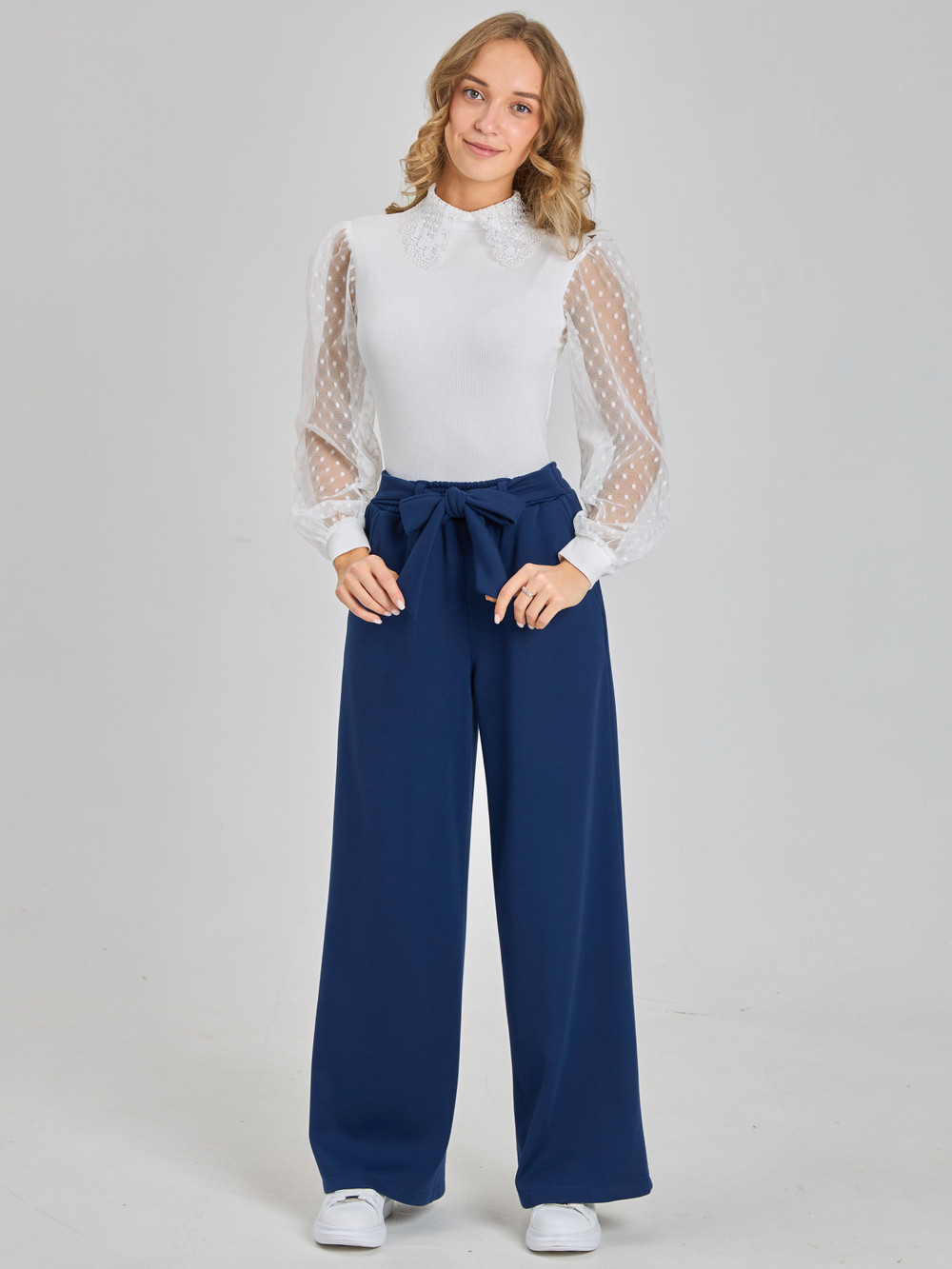 Брюки утепленные для девочки палаццо с завязками темно-синие