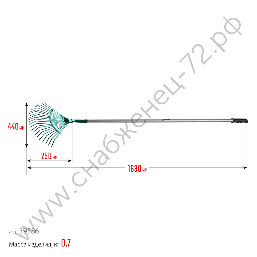 GRINDA PR-40 ALU, 440 х 250 х 1630 мм, 22 плоских зубца, алюминиевый черенок, веерные грабли, PROLine (39586)