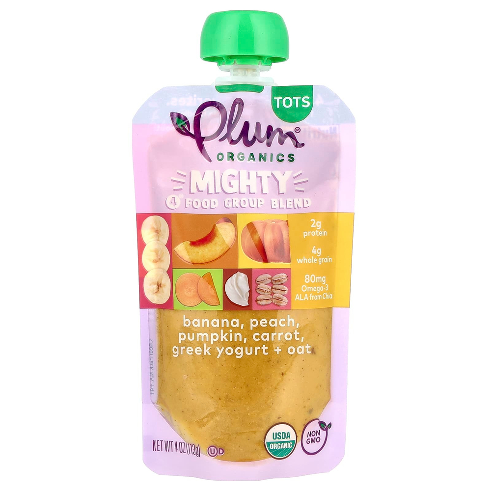 Plum Organics, Tots, Mighty 4, смесь 4 Food Group, банан, персик, тыква, морковь, греческий йогурт, овес, 113 г (4 унции)