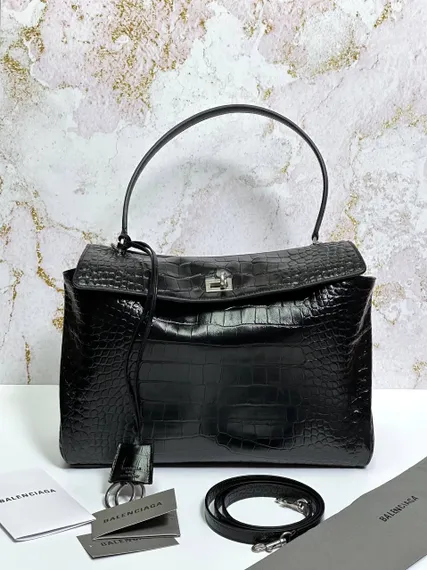 BALENCIAGA RODEO HANDBAG с крокодиловым тиснением, черная