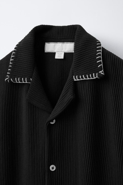 ZARA ЛЬНЯНАЯ РУБАШКА С КОНТРАСТНОЙ СТРОЧКОЙ, ЧЕРНЫЙ