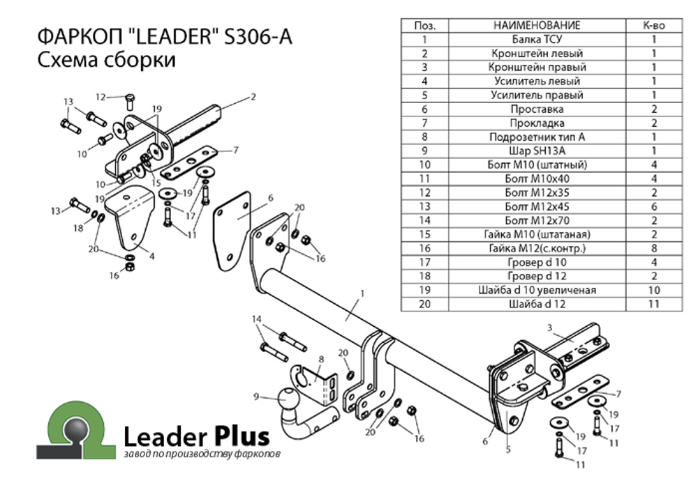 Фаркоп(прицепное) Лидер-Плюс для SUBARU FORESTER (SH) 2008-2013(паспорт и сертификат в комплекте)(без электрики)S306-A