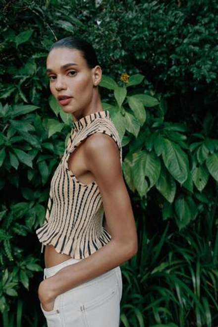 ZARA ТОП В ПОЛОСКУ С ЖАТКОЙ, ЭКРЮ/ЧЕРНЫЙ